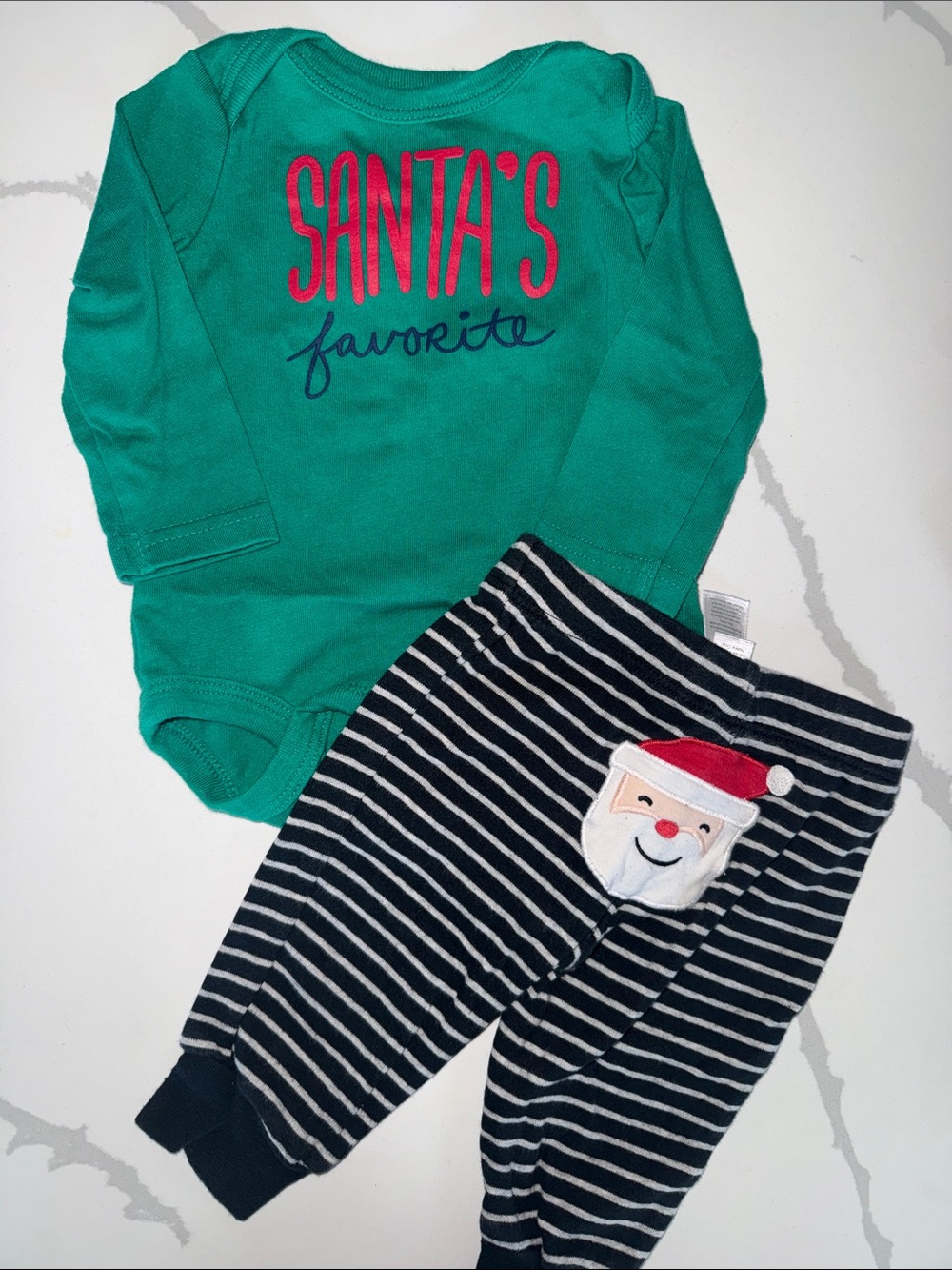 Green "Santa's Favorite" Baby Bodysuit & Striped Santa Pants